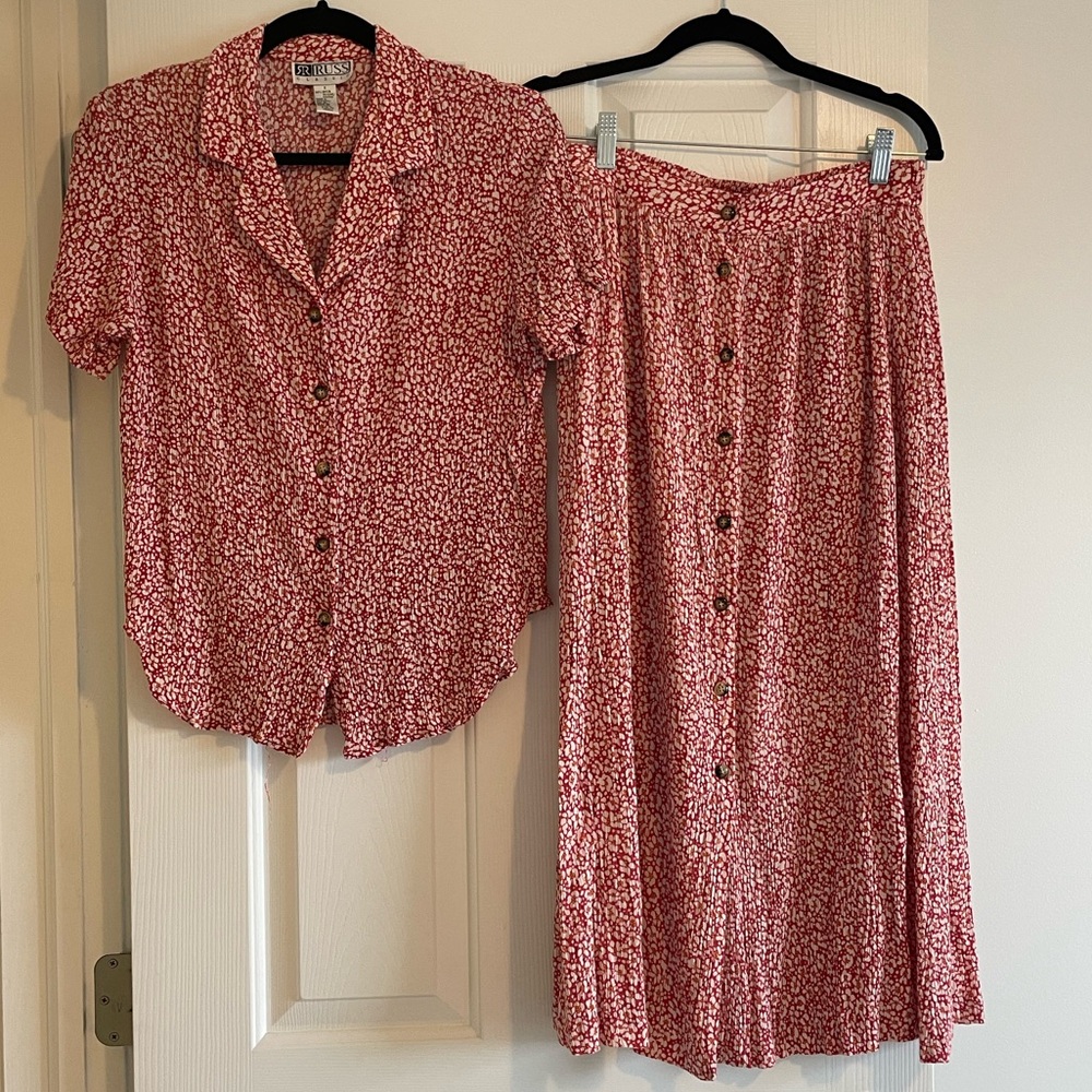 Vintage Russ Floral Matching Button up short sleeve blouse and midi maxi skirt